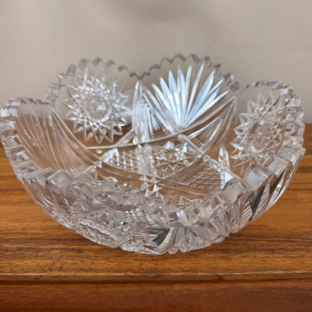 Vintage American Brilliant Period 8" Crystal Cut Glass Bowl Hobstar Sawtooth Rim